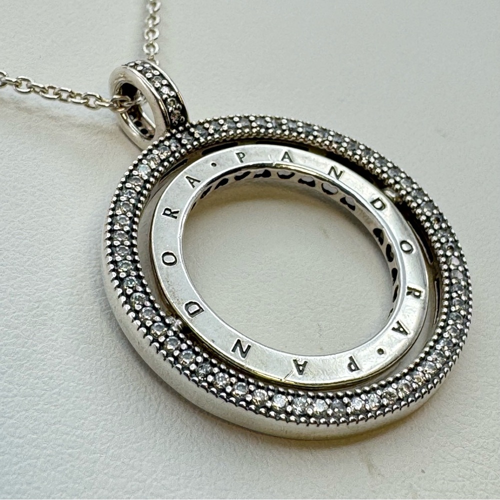 Pandora 925 Sterling Silver CZ Floating Logo Circle Pendant Necklace 8.28g